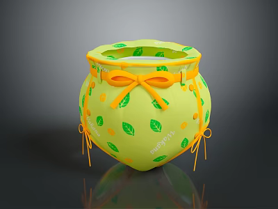 Green Decorative Jar With Yellow Leaf Patterns Polka Dots And Orange Bow 3d model