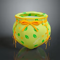 Green Decorative Jar With Yellow Leaf Patterns Polka Dots And Orange Bow