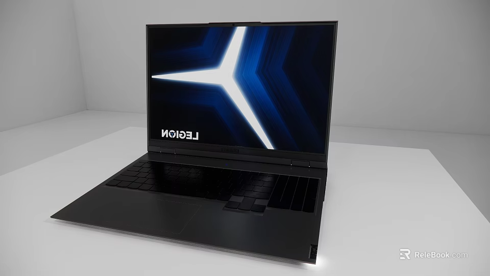 Legion Black Laptop With Blue And White Logo Display On Open Screen 3d model 