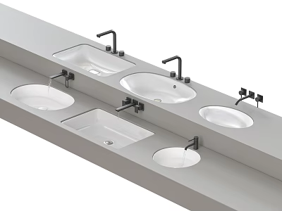 Multiple Washbasins On Gray Countertop With Black Faucets Modern Design 3d model