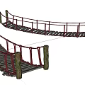Wooden Landscape Bridge With Curved Design And Rope Railings On Wooden Pillars