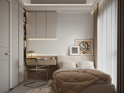Minimalist Bedroom Interior With White And Beige Wardrobe Desk Bed Curtains And Paintings 3d model