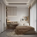 Minimalist Bedroom Interior With White And Beige Wardrobe Desk Bed Curtains And Paintings