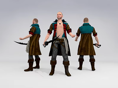 Man in open red black coat with blue green sleeves holding sword three views 3d model
