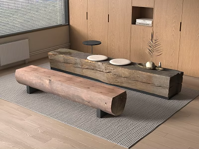 Modern Indoor Long Wooden Log Bench With Carpet And Storage Cabinets 3d model