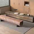 Modern Indoor Long Wooden Log Bench With Carpet And Storage Cabinets