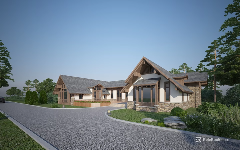 Wooden House Exterior Design With Gabled Roof Gravel Driveway And Surrounding Trees 3d model 