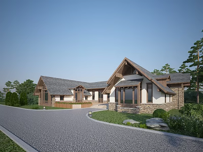 Wooden House Exterior Design With Gabled Roof Gravel Driveway And Surrounding Trees 3d model
