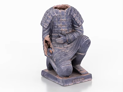 Ancient Terracotta Warrior Sculpture in Kneeling Posture with Intricate Armor Carving Details 3d model