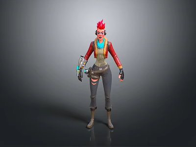 Game Movie Character With Spiked Red Hair Orange Vest Black Cargo Pants And Mechanical Arm 3d model