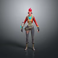 Game Movie Character With Spiked Red Hair Orange Vest Black Cargo Pants And Mechanical Arm