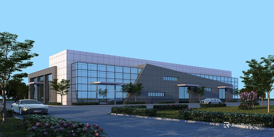 Modern Industrial Factory Building With Glass Facade Steel Structure And Landscaped Surroundings 3d model 