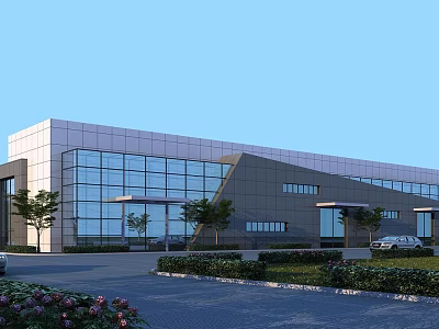 Modern Industrial Factory Building With Glass Facade Steel Structure And Landscaped Surroundings 3d model
