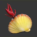 Colorful Scallop With Yellow Orange Shell And Red Top Structure On Gray Background With Reflection