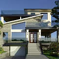 Modern Detached Villa Exterior With Stone Wall Large Glass Windows Balcony Front Steps And Greenery