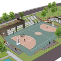 Park Landscape with Basketball Court Green Trees Benches and People Enjoying Activities