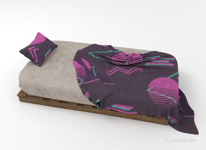 Single Bed with Gray Mattress Wooden Frame Purple Pillow and Geometric Pattern Blanket 3d model 