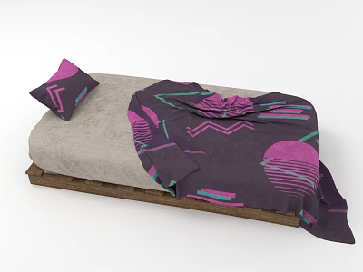 Single Bed with Gray Mattress Wooden Frame Purple Pillow and Geometric Pattern Blanket 3d model