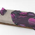Single Bed with Gray Mattress Wooden Frame Purple Pillow and Geometric Pattern Blanket