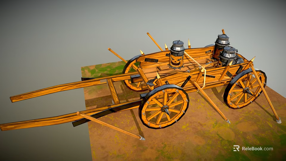 Ancient Wooden Chariot With Large Spoked Wheels Metal Containers And Spears 3d model 