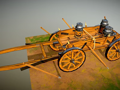 Ancient Wooden Chariot With Large Spoked Wheels Metal Containers And Spears 3d model