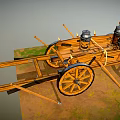 Ancient Wooden Chariot With Large Spoked Wheels Metal Containers And Spears