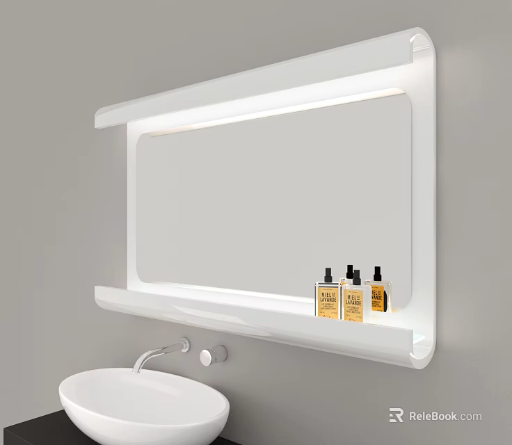 Modern White Washbasin with Illuminated Mirror Shelf and Toiletries in Bathroom 3d model 