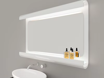 Modern White Washbasin with Illuminated Mirror Shelf and Toiletries in Bathroom 3d model