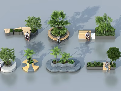 Various Creative Outdoor Tree Planter Designs With Seating And Green Plants 3d model