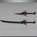 Dual Weapons With Long And Short Blades Red Handles Blue Decorative Accents Metallic Finish