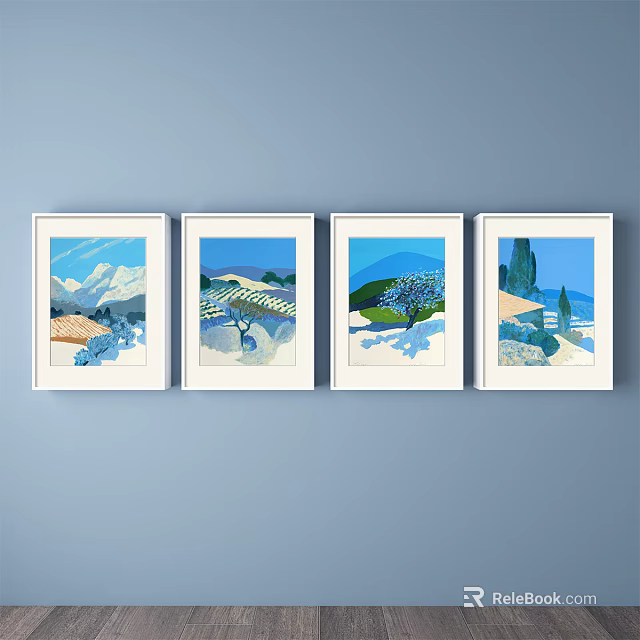 Four Landscape Paintings With White Frames On Light Blue Wall Featuring Mountain Field And Trees 3d model