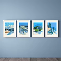 Four Landscape Paintings With White Frames On Light Blue Wall Featuring Mountain Field And Trees 3d model