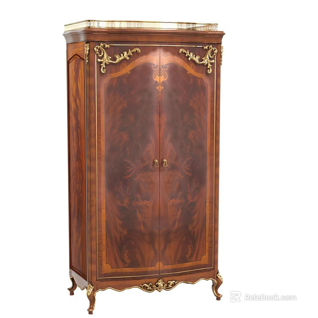 Vintage Wooden Wardrobe With Intricate Carvings Gold Accents And Double Doors Design 3d model 