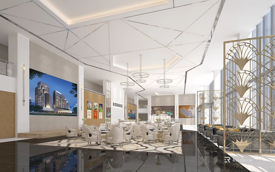 Modern Luxury Sales Office Lobby with Chandeliers Sofas Decorative Paintings Building Models and Floor Tiles 3d model 