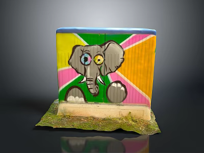 Colorful Graffiti Elephant On Wooden Board With Yellow Green Pink Orange Background And Grass Base 3d model