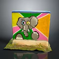 Colorful Graffiti Elephant On Wooden Board With Yellow Green Pink Orange Background And Grass Base