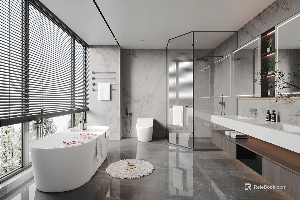Modern Bathroom Interior With White Bathtub Glass Shower Marble Walls And Large Windows With Blinds 3d model 