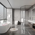 Modern Bathroom Interior With White Bathtub Glass Shower Marble Walls And Large Windows With Blinds