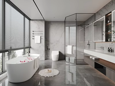 Modern Bathroom Interior With White Bathtub Glass Shower Marble Walls And Large Windows With Blinds 3d model