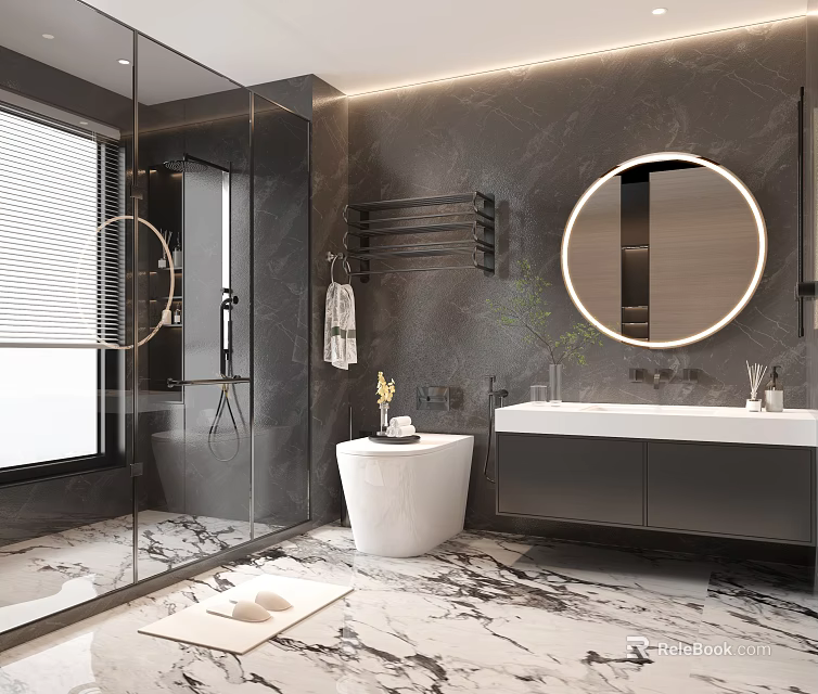 Modern Bathroom Interior Featuring Glass Shower Round Mirror Wall Mounted Rack And Marble Floor 3d model 