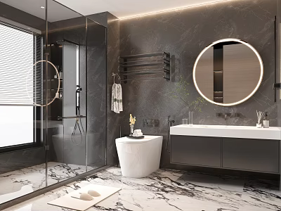 Modern Bathroom Interior Featuring Glass Shower Round Mirror Wall Mounted Rack And Marble Floor 3d model