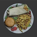 Fast Food Meal Plate With Hamburger French Fries Wrap And Cherries