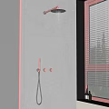 Stylish Pink Shower System on White Bathroom Wall with Blinds and Green Outdoor Plants