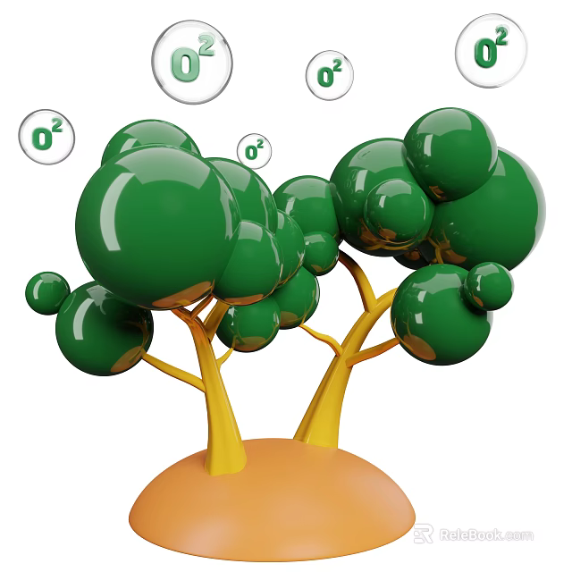 Green Spherical Plants with Yellow Trunks and Orange Base Surrounded by Oxygen Bubbles 3d model 