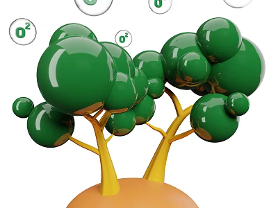 Green Spherical Plants with Yellow Trunks and Orange Base Surrounded by Oxygen Bubbles 3d model