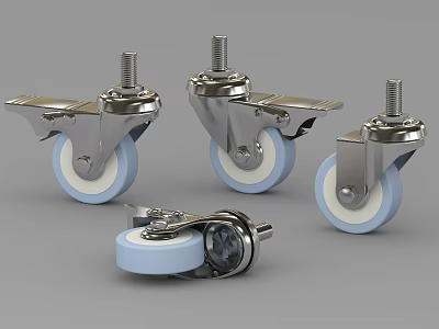 Heavy Duty Silver Metal Swivel Casters With White Wheels And Brake Mechanism 3d model