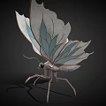 Metallic Insect Sculpture With Leaf Shaped Wings And Blue White Patterns On Dark Background 3d model