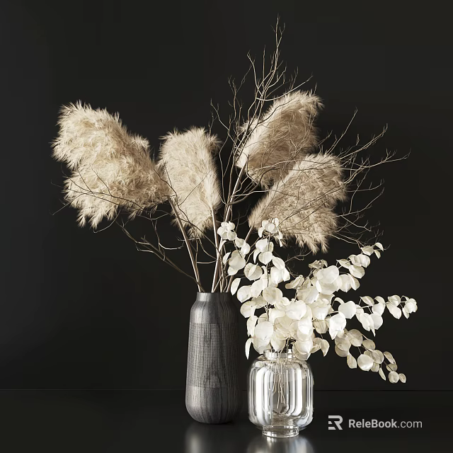 Modern Minimalist Vase Arrangement With Pampas Grass And White Eucalyptus Leaves On Black Background 3d model 