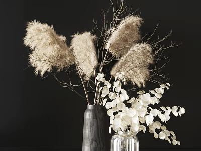 Modern Minimalist Vase Arrangement With Pampas Grass And White Eucalyptus Leaves On Black Background 3d model