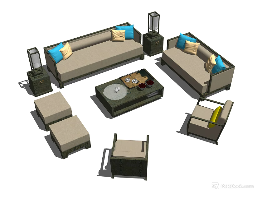 Modern Sofa Coffee Table Set With Two Sofas Blue Cushions Side Tables Armchair And Ottoman 3d model